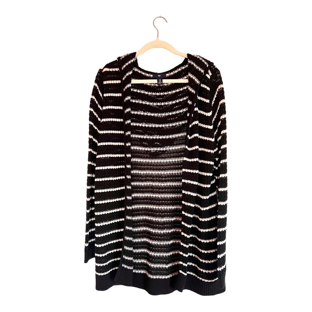 GAP Striped Open Weave Black & White Loose Knit Cardigan Hoodie XL Women’s